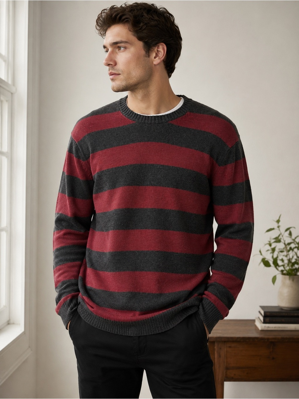 GAP Men’s Red Gray Striped Crewneck Sweater Cotton Wool Blend Large